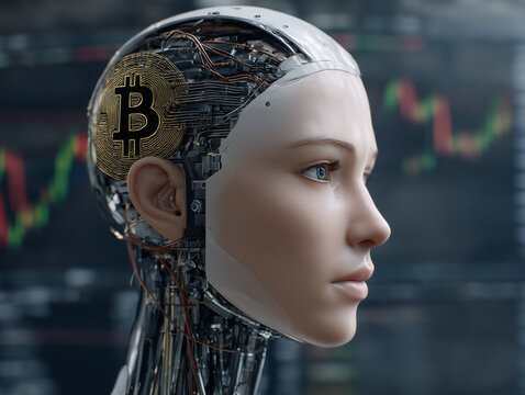 Robot head with bitcoin analyzing stock market data
