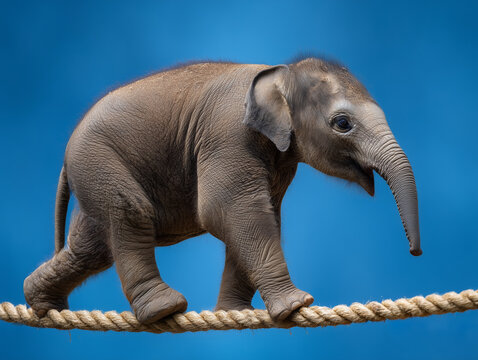 Baby elephant balancing on a tightrope under blue sky