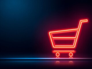 Glowing Cart: A radiant neon shopping cart, gleaming with vibrant red, rests against a captivating, dark backdrop, symbolizing the essence of modern shopping experiences.