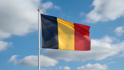 Belgium flag waving proudly against a bright blue sky with fluffy clouds, a symbol of national pride and patriotism