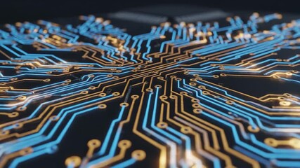 Closeup of a Circuit Board with Illuminated Blue Chip and Detailed Gold Traces