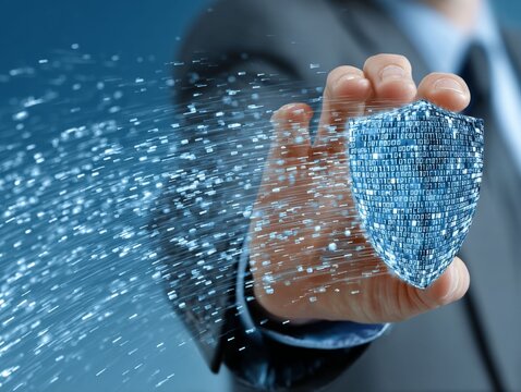 Digital Fortress: A close-up view of a professional's hand cradling a luminous, digital shield, symbolizing robust protection and data security within a network of interconnected systems.