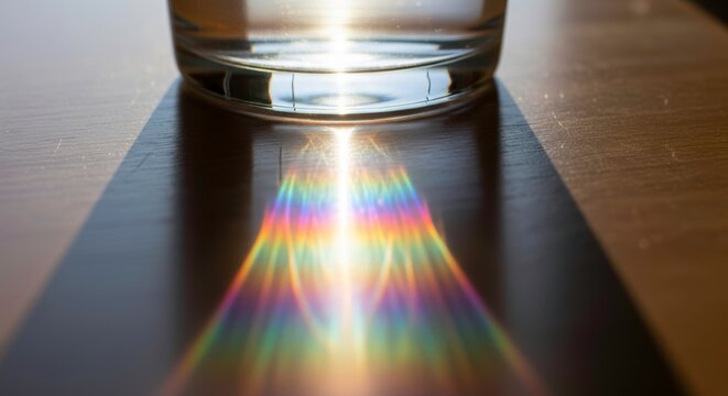 Rainbow light refraction from a glass of water casting colorful spectrum patterns on a wooden surface