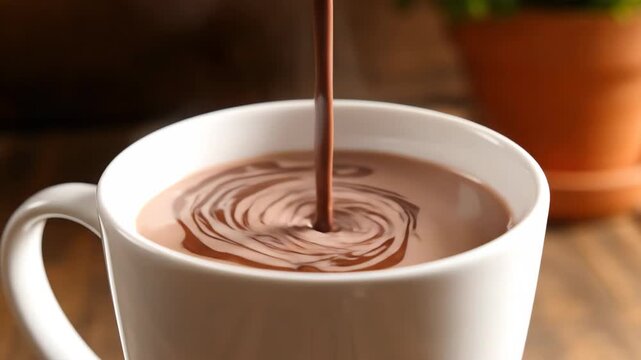 Pouring hot chocolate into a white mug with a warm cozy atmosphere beverage