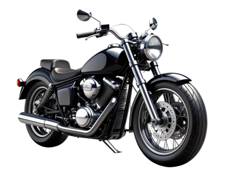  detailed AI-generated 3D rendering of a classic black motorcycle with chrome parts and reflective surfaces, viewed from a front- transparent background for automotive or racing design projects. (2)