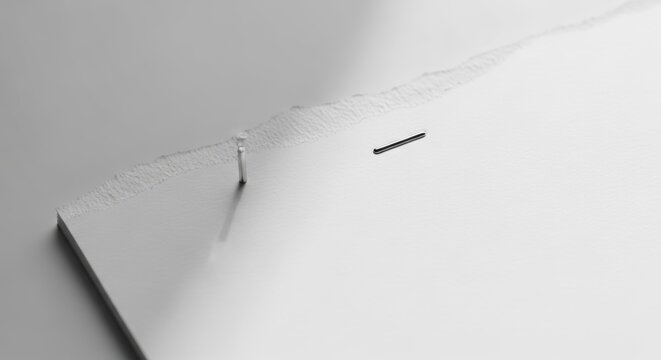 A single staple is piercing a folded piece of paper with a shadow on a white background