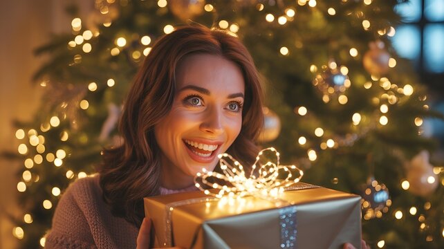 Joyful woman smiles while holding a glowing gift box in front of a Christmas tree.