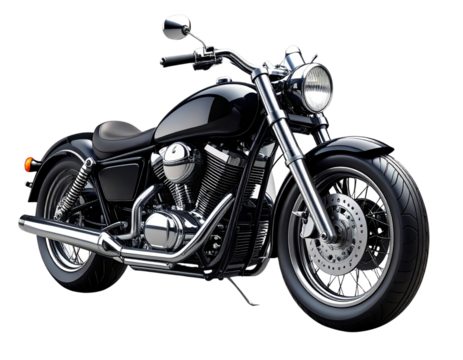 detailed AI-generated 3D rendering of a classic black motorcycle with chrome  realistic shadows and lighting, clean isolation on transparent background for automotive or racing design projects.