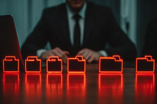 Cybersecurity Conference: A blurry close-up captures a serious business person seated at the table with the folders illuminated.