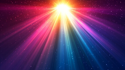 Naklejka premium Radiant vibrant light beams burst forth illuminating sparkling particles with an explosion of joyful color and ethereal energy