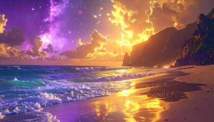 Vibrant Surreal Beach Sunset with Glowing Clouds and Shimmering Ocean Reflections.
