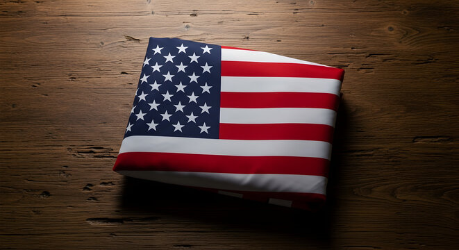 Folded American flag on wooden surface close up.