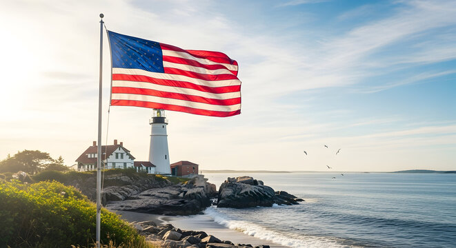 American Lighthouse Flag Waving Over Rocky Coast. - Powered by Adobe