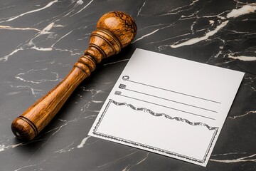 Wooden Seal Stamp and Blank Card on Dark Marble