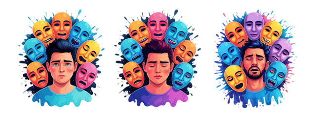 Guy using emotion mask cartoon vector concepts. Man anger ironic grin rage dreams irritation despondency true feelings social difficulties real suppression contempt mental disorder problems character
