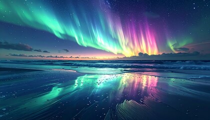 Vibrant Aurora Borealis Reflecting on a Serene Ocean Shoreline at Night.
