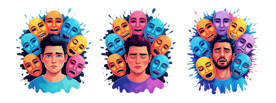 Guy using emotion mask cartoon vector concepts. Man anger ironic grin rage dreams irritation despondency true feelings social difficulties real suppression contempt mental disorder problems character