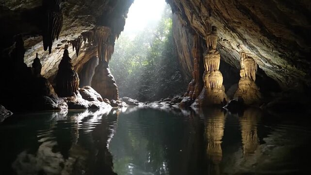 A cavern interior with clear water, rock formations, and sunlight from an opening
