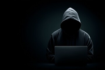 Unveiling the Enigma: A hooded figure shrouded in anonymity delves into the depths of a laptop. This captivating image speaks of mystery and the digital underworld.