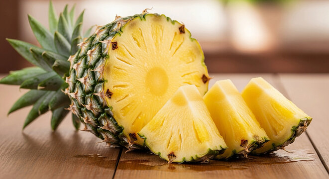 A fresh, cut pineapple with four juicy wedges rests on a wooden surface.