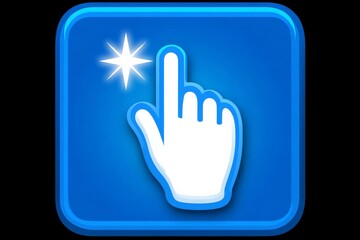 Pointing Hand Icon: A digital hand icon, depicted in a photorealistic style, with a sparkling star symbol and a blue square. Representing user interface interactions and digital navigation.