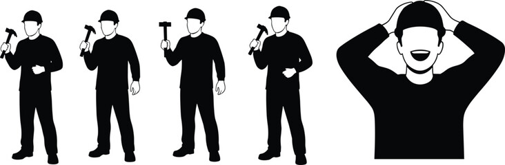 Construction worker silhouette, hammer action, emotional reaction, manual labor, industrial job, mistake moment, frustration pose, builder icon, vector art, black outline, hard hat