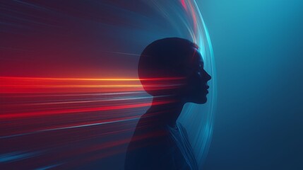 Mind's Velocity: A silhouette of a person emerges from a stream of red and blue light streaks, a visual representation of rapid thought, inspiration, and innovation.
