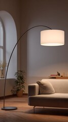 Arc Lamp Elegance: The soft glow of an arc lamp illuminates a minimalist living room, showcasing a blend of contemporary design and cozy ambiance with a comfortable sofa.