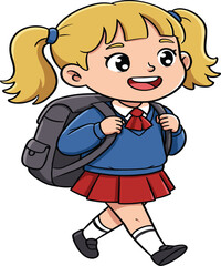 Happy blonde schoolgirl character walking cheerfully while carrying a heavy backpack, wearing her uniform, and smiling on her way to class, isolated vector.