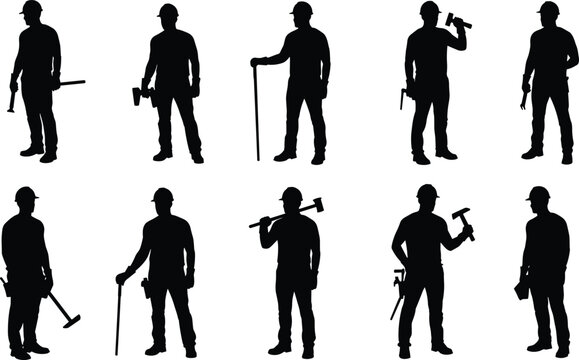 Construction worker silhouettes, hard hat crew, tool variety, hammer and pickaxe, sledgehammer poses, black figures, grid layout, manual labor, jobsite theme, digital art