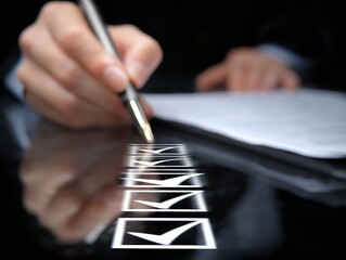 Checklist Completion: A close-up shot of a hand meticulously filling out a checklist with a pen, capturing the focus on detail and task completion.