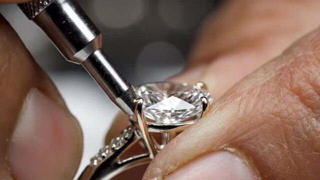 Expert jeweler setting a diamond ring workshop close-up photography craftsmanship detailed view gemstone art