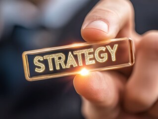 Focused Strategy: A close-up shot of a hand holding a glowing 'STRATEGY' badge, symbolizing focus and strategic planning.