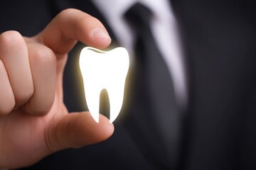 Healthy Tooth: A detailed photograph showcases a luminescent tooth held delicately between fingers, hinting at oral health and dental care.