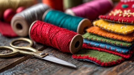 Colorful spools of thread and felt pieces arranged on a wooden table. Scissors are placed nearby, showcasing crafting materials for Christmas and New Year decorations.