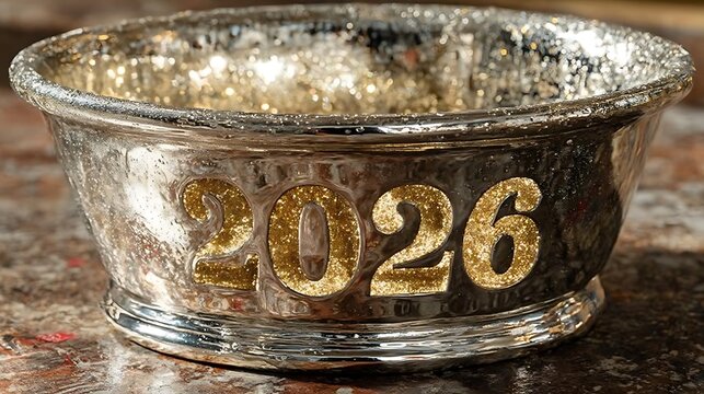 A festive silver mercury glass bowl with the year 2026 written in gold letters on a textured surface.