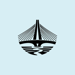 Minimalist black silhouette illustration of a modern cable-stayed bridge with reflection on water