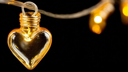 Golden Heart Illuminating: A close-up shot of a radiant golden heart-shaped light bulb, exuding a warm and inviting glow against a dark backdrop.
