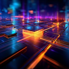 Digital Realm: A visually stunning, high-tech abstract artwork, illuminated with vibrant neon lights and showcasing a futuristic grid.