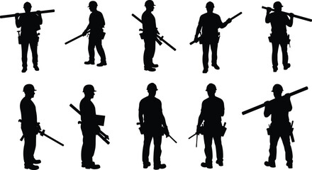 Construction worker silhouettes, hard hat team, tool belt crew, blueprint holders, pipe carriers, board lifters, posture variation, safety gear, black figures, jobsite theme