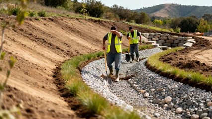 Medium shot of workers shaping a swale on a sloped landscape integrating natural water management to control runoff effectively.