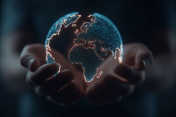 Global Embrace: A pair of hands cradles a luminous globe, representing the interconnectedness of our world, innovation and technological advancement.