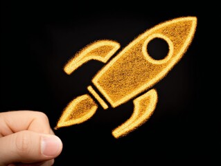 Hand Holding Rocket Symbol: A close-up view presents a person's hand delicately holding a vibrantly illuminated rocket symbol against a dark backdrop, creating a scene of aspiration and innovation.