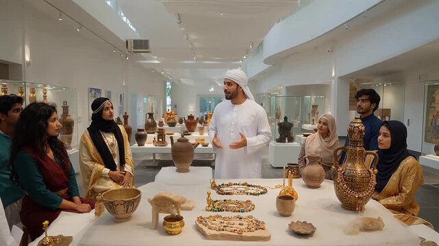 Group in museum with ancient artifacts