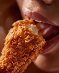 Crispy Delight: A close-up shot of a person indulging in a crispy fried chicken, the perfect moment of culinary satisfaction.