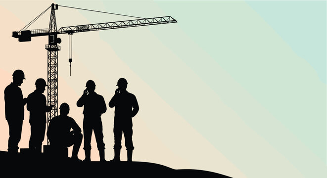 Construction workers silhouette, teamwork on site, tower crane at sunset, industrial development, planning and discussion, engineering workforce, building teamwork, dusk skyline, labor force unity
