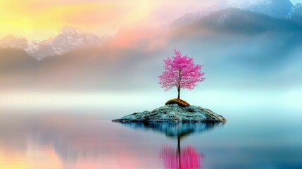 A solitary island with a vibrant pink blooming tree stands in tranquil water, reflecting its beauty against a backdrop of misty mountains bathed in sunrise hues