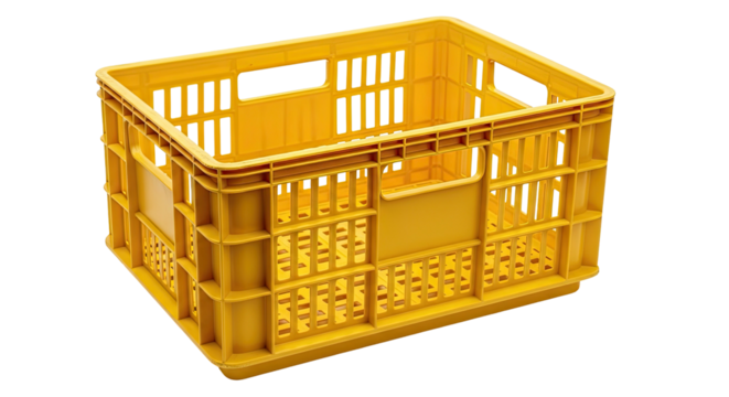 A yellow, empty plastic crate with rectangular form, isolated on black background