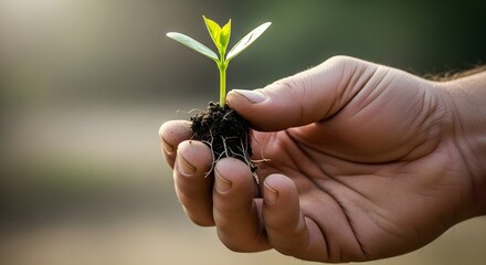 Hand Holding Young Plant Seedling – Growth, Nature, and Sustainability Concept