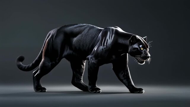 Pantera negra majestuosa caminando con elegancia sobre un fondo oscuro, mostrando su pelaje brillante y musculatura imponente.